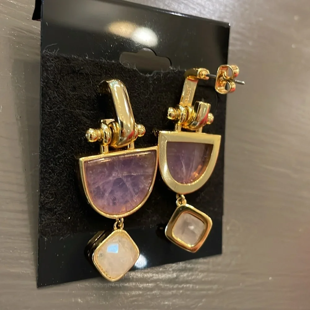 J.Crew Bobbi Stone Drop Earring Purple Multi Quartz Gold Plated, pierced. - Picture 3 of 3